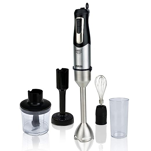 Inalsa Hand Blender Robot INOX 1000 Plus-1000 Watt with Chopper, Whisker, Potato Masher, Multipurpose Jar|Variable Speed |2 Year Warranty,(Silver/Black) Inalsa Hand Blender Robot INOX 1000 Plus-1000 Watt with Chopper, Whisker, Potato Masher, Multipurpose Jar|Variable Speed |2 Year Warranty,(Silver/Black)